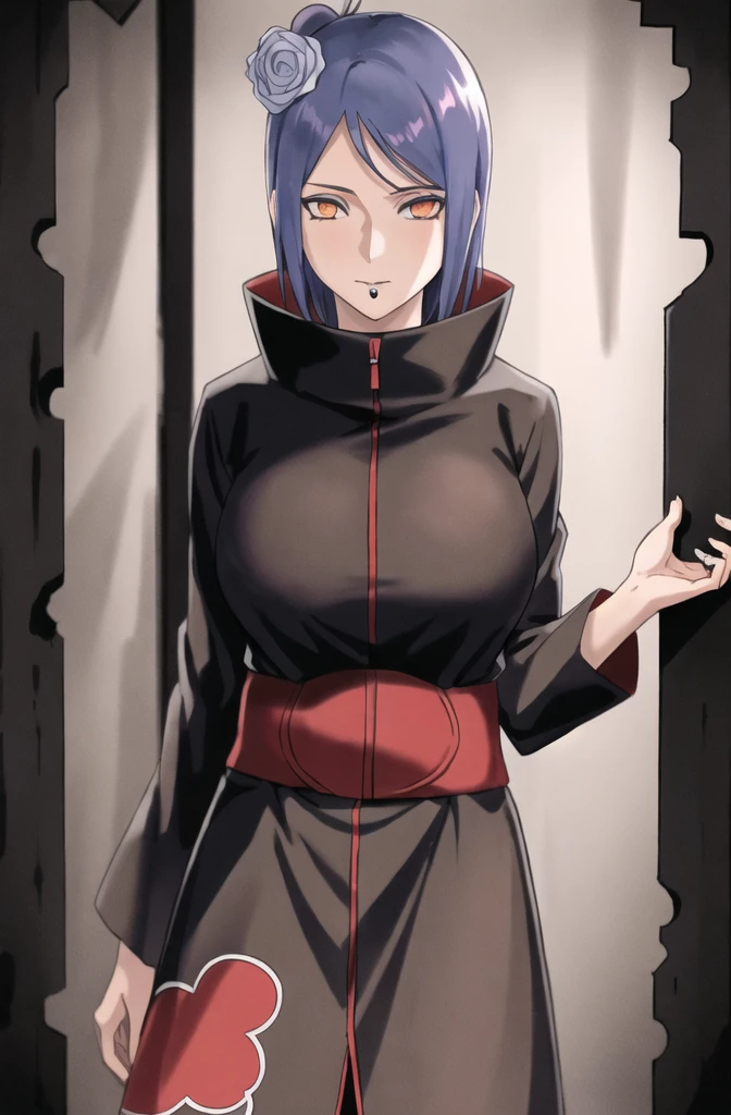 konan \(naruto\), solo, looking_at_viewer, 1girl, closed_mouth, akatsuki outfit, labret piercing, looking at the viewer, (((standing inside dark room))), night time, busty, large breasts