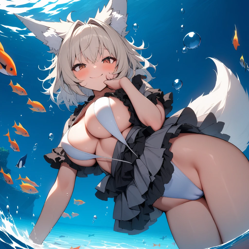 (masterpiece,best quality,very aesthetic),(disheveled hair)(ultra-detailed),high saturation,1girl,18yo,solo,curvy,short stature,a platinum blonde fox tail,large breasts,(platinum blonde fox ears),short hair,platinum blonde hair,beautiful face,(messy hair),(disheveled hair),hair intakes,(fusion of gray kimono and white slingshot swimsuit with black frills,Layered clothing with orange on both sides and black on the inside:1.2),bare legs,(cameltoe:0.8),enjoyable,alluring smile,(smirk:0.8),brown foxy eyes,BREAK,ocean,under water,swimming in the ocean,bubble,tropical fish,(cheek squash,holding own breath),cowboy shot,from below,from under water,on stomach