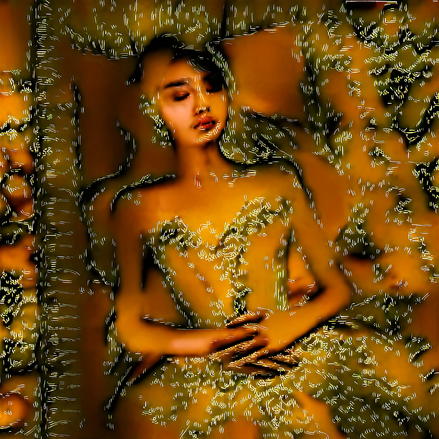 In a striking 8K HDR scene, a stunning Korean woman, 22 years old, lies peacefully in a black coffin surrounded by plush pillows. The deep box is set against a rich black background, accentuating the beauty of the subject. Her exquisite kebaya attire is embroidered with superb detail, showcasing her round and firm breasts, perfect cleavage, and beautiful eyebrows. Her closed eyes and mouth give an air of serenity, while her visible and absolute cleavage leave nothing to imagination. The scene is bathed in saturated colors, highlighting every intricate aspect from the ball skirt to her clean face, straight body, detailed hand perfect hands, straight body.