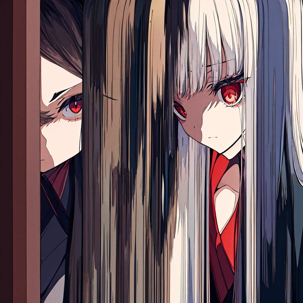 masterpiece, best quality，1 Girl，poker face，Black Kimono，serious，coat，Gray hair，Red pupil，No Expression，独奏
