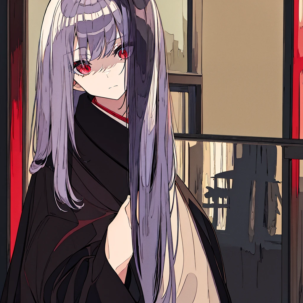 masterpiece, best quality,1 Girl,poker face,Black Kimono,serious,coat,Gray hair,Red pupil,No Expression,独奏