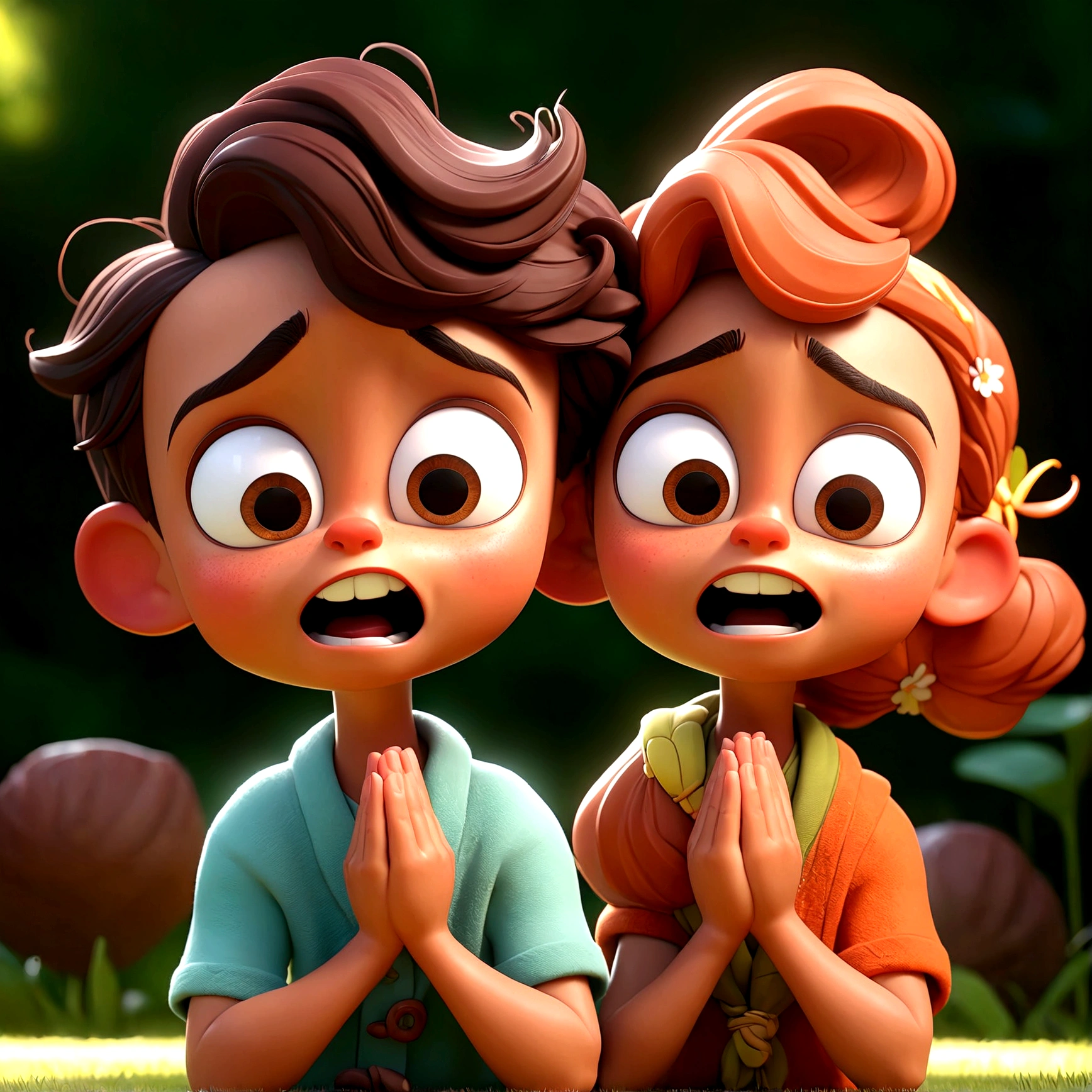 Cartoon character of four happy children praying, an animated character, Stylized character, animation style rendering, stylized 3D, Disney rendering, Stylized 3D rendering, toon rendering screenshot, 3D Character, 3D Character, 3D Rendering stylized, 3D Character Rendering, Cartoon Character, Closeup Character, Character Pose, (Pixar Style) (Master Part:1.2) (Bokeh) (Best Quality) (Detailed Skin) (Detailed Texture) (8K) ( clay) (cinematic lighting) (sharp focus, Sits and leaks full body