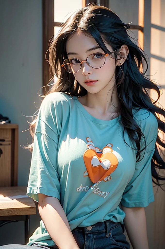Portrait of a young woman working late at night, (warmly lit interior:1.2), (a window in the background:1.1) (Focus:1.3),(Concentrated expression:1.4) (Long wavy hair:1.2), (thick rim glasses:1.1) (Graphic T-shirt:1.1), (Casual and comfortable:1.2) (Realistic and detailed:1.5), (Orange and cyan shades:1.3) Digital illustration inspired by the work of Craig Mullins and Android Jones, Popular on artstation and deviantart, 8000 x 8000 resolution, (Vibrant colors:1.4), (Composition:1.3) Realistic shadows and textures, Backlit Volumetric Lighting. Award-winning visuals, Intimate mood, Thoughtful and convincing. (Atjem:0.7), (Wallop:0.3)