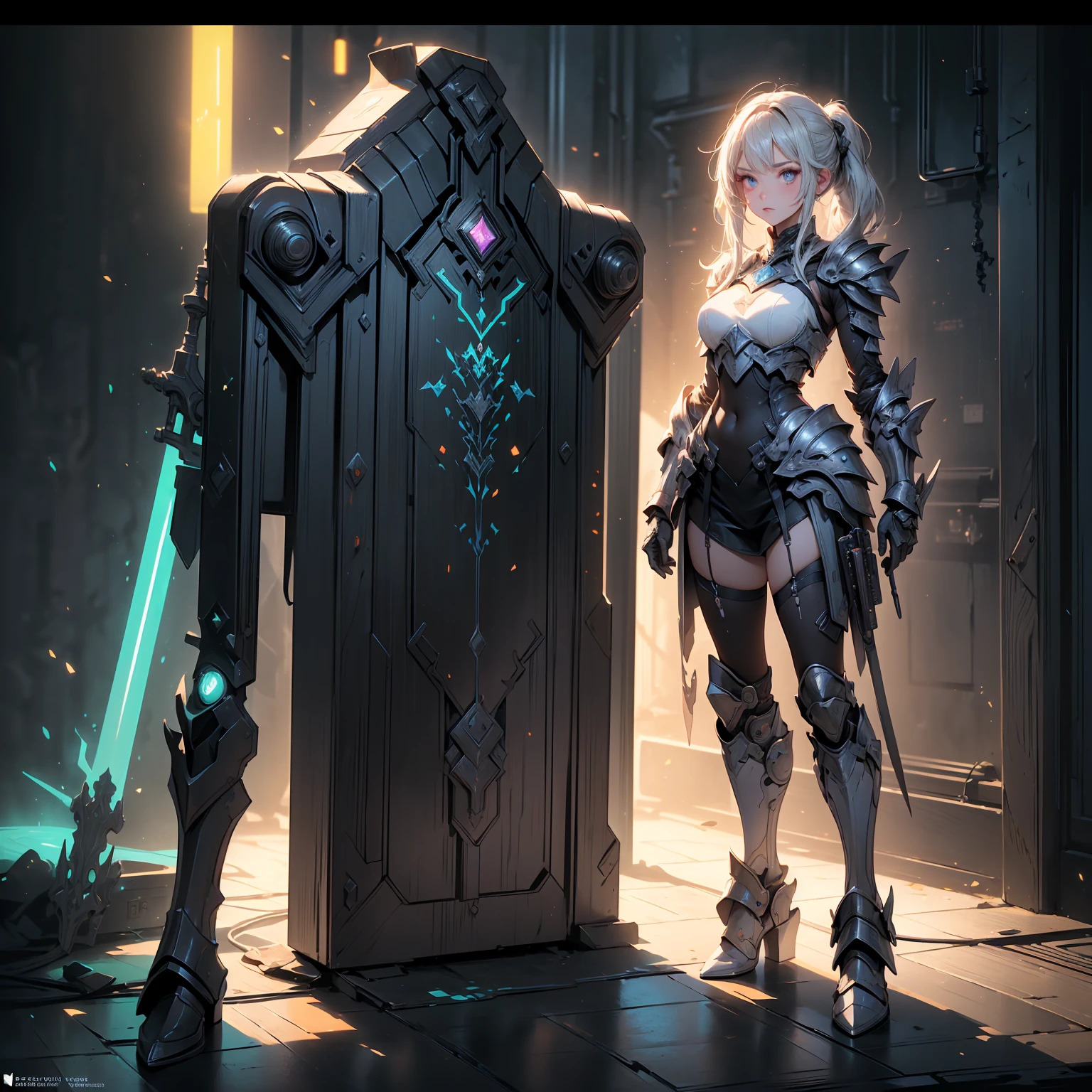 Design a layout showcase Gaming character, (1girl). Black+Silver high tech armor, sleek and modern, ((showcase weapon:1.4)), laser gun, (masterpiece:1.2), (best quality), 4k, ultra-detailed, (Step by step design, layout art:1.5), (neon lighting, cyber ambiance), cyberpunk, ((tech gloves)), (((revealing high tech armor:1.3))), tech armor, combat boots, (((full_body_shot:1.4)))