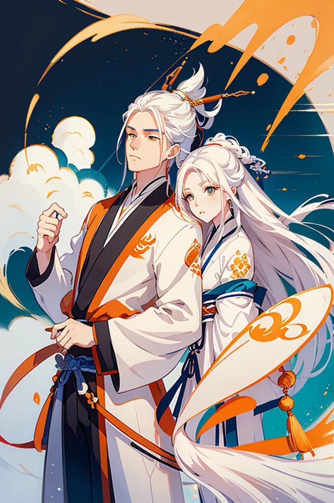 high quality , one white hair girl and one white hair boy, long hair, wuxia character, ((white clothes with blue and orange accent)), ink painting background, flat background, minimalist background, chinese wind pattern background,