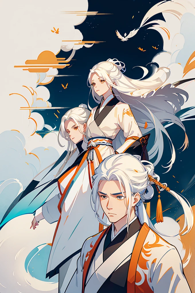 high quality , one white hair girl and one white hair boy, long hair, wuxia character, ((white clothes with blue and orange accent)), ink painting background, flat background, minimalist background, chinese wind pattern background,