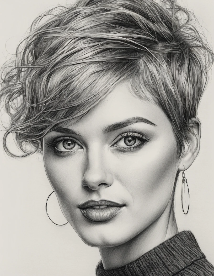 a drawing of a woman with short hair and hoop earrings, detailed beauty portrait, detailed beautiful portrait, realistic pencil drawing, extremely detailed woman, elegant digital painting, detailed woman, detailed illustration portrait, epic portrait illustration, stunning drawing, beautiful drawing style, beautiful beautiful digital art, Bela arte UHD 4K, realistic sketch, elegant drawing, high quality sketch art