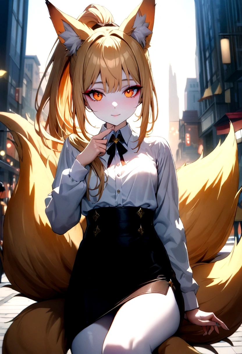 junior,beautiful Finger,beautiful 긴 legs,beautiful body,beautiful Nose,beautiful character design, perfect eye, perfect face,expressive eye,perfect balance, looking at viewer,(Focus on her face),closed mouth, (chaste_big_eye:1.0),(light_laugh:0.3), official art,very detailed CG Unity 8k 벽지, perfect lighting,fancy, bright_front_face_lighting,White skin, (masterpiece:1.0),(best_quality:1.0), ultra high resolution,4K,very detailed, photography, 8 thousand, HDR, mackerel, absurd:1.2, Kodak Portrait 400, film grain, blurred background, bokeh:1.2, lens flare, (vibrant_color:1.2),professional photography, (beautiful,small breasts), (beautiful_face:1.5),(small_waist),Wearing black tights, blonde ,long hair, ponytail, elegant, (fox ears),nine tailed fox tail, red eyeshadow, 금색 eye동자, femur,漏出femur,white shirt, black pencil skirt, city background,girl