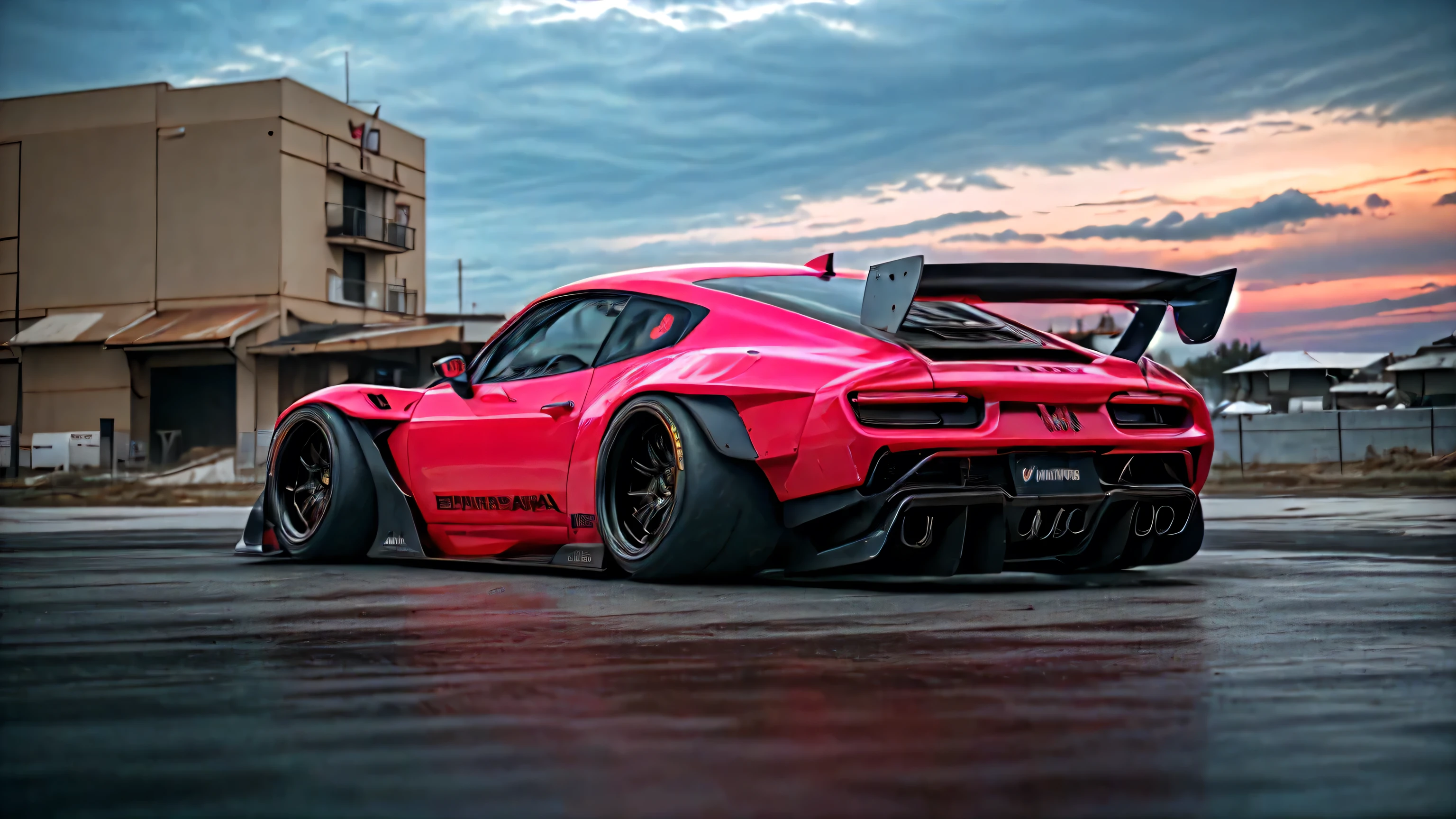 Supercar-forza game ready design, wide body, custom design build, cinematic, wide angle, studio light, tactical bodywork for supreme aerodynamics, (dirt neon grungy pink), broody and atmospheric, ominous sky, low light, vivid and gritty, retro futuristic sci-fi influences 