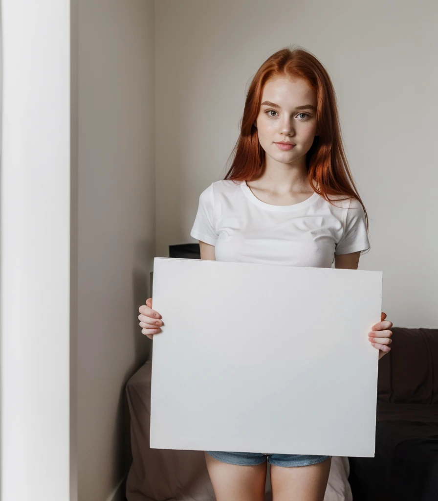 photo of most beautiful 17yo redhead girl,holding blank sign, perfect body, wearing white t-shirt, holding black sign infront, showing black sing to camera, perky natural breasts, seductive, big lips, verification photo, bedroom, selfie