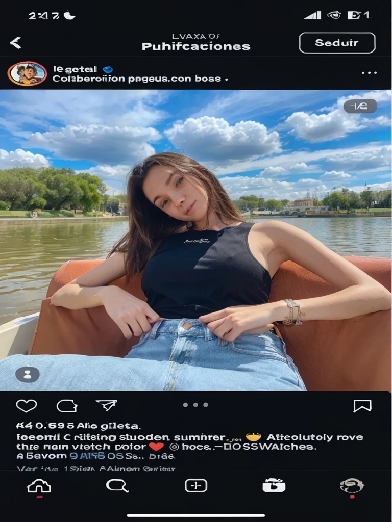 - **General appearance**: 24-year-old woman with a relaxed and natural attitude.
- **hairstyle**: straight hair, back or loose hairstyle.
- **outfit**:
- Second set: Black tank top with visible branding, light jeans.
- **Activities**:
- Sitting in a duck boat in the main park of Valencia Spain , relaxed and looking at the camera.
- **Around**:
Blue sky with clouds and vegetation in the background, in the river of the head park in Valencia Spain.