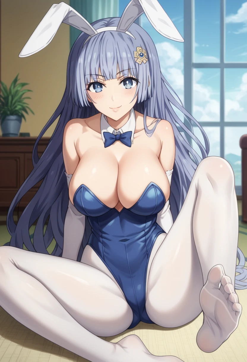 Score_9, Score_8_up, Score_7_up, source_anime BREAK 1girl, cowboy photo, mikuizayoi, miku izayoi, bangs, blunt bangs, hime cut, hair ornament, long hair, blue eyes, blue hair, blush, naughty face, big breasts, waist thin, wide hips, beautiful skin, beauty, extraordinarily beautiful woman, attractive woman, super sexy,)), mouth closed, looking at viewer, serious, satisfied smile, spreading legs, thighs, feet, soles, playboy bunny, blue leotard, white gloves, elbow-length gloves, white pantyhose, detached collar, fake bare shoulders, cleavage, animal ears, collarbone,
large breasts, dentures in skin, smile, blush, slightly puckered, lips, pursed lips, naughty face, happy, leaning to one side, feet,
Indoors, living room, on the floor, window, carpet, cloudy sky, reclined table,