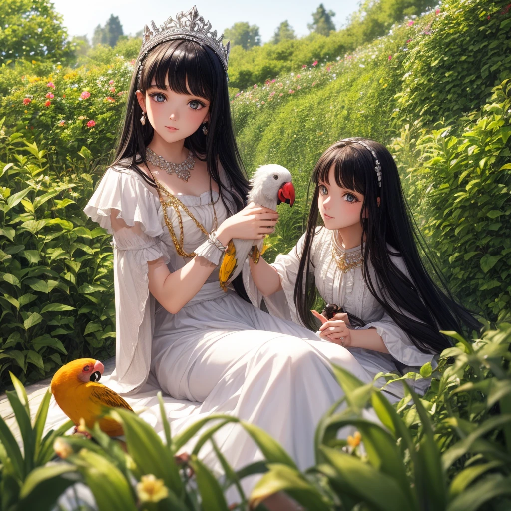 A beautiful princess with black hair, hazel eyes, and white skin. She is sitting in the garden, wearing beautiful clothes, and holding a parrot in her hand A girl alone, high quality photo