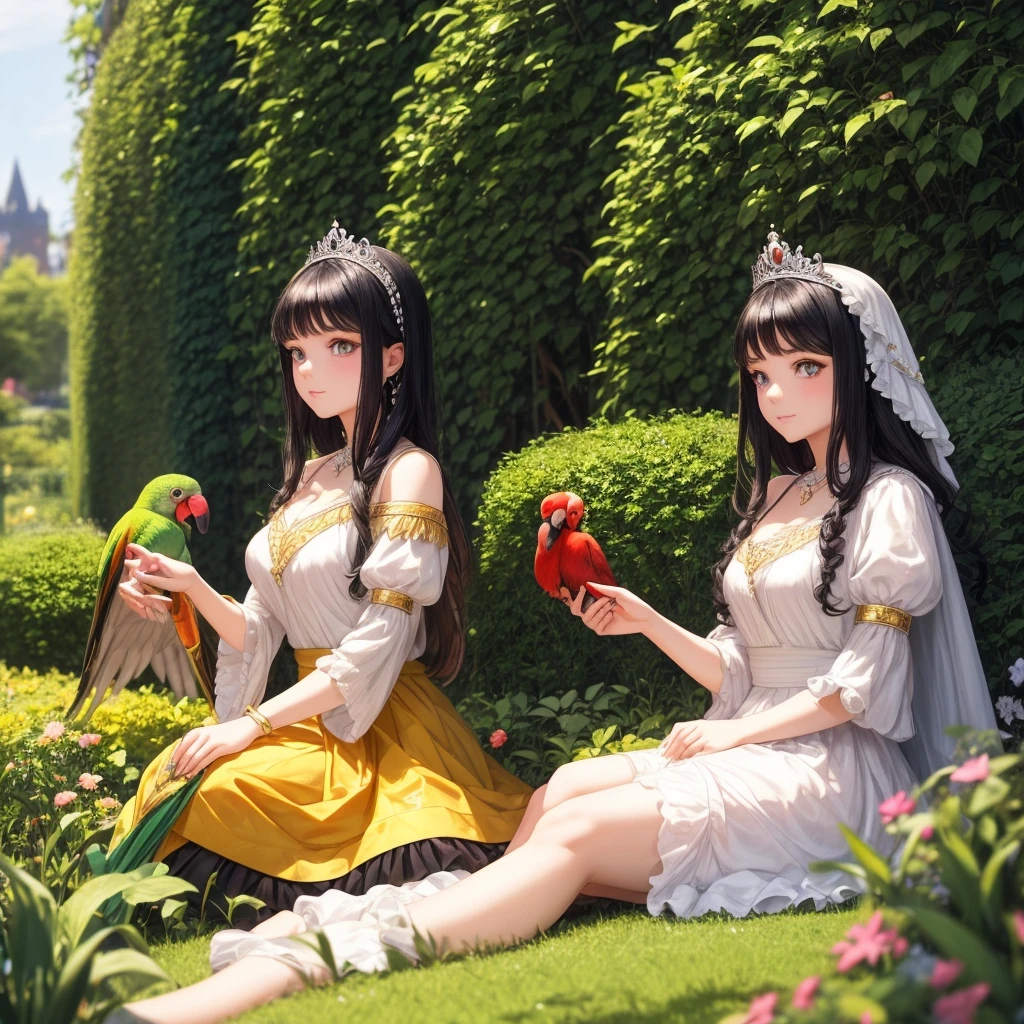 A beautiful princess with black hair, hazel eyes, and white skin. She is sitting in the garden, wearing beautiful clothes, and holding a parrot in her hand A girl alone, high quality photo