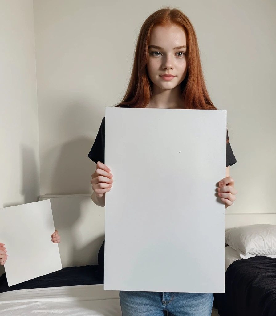 photo of most beautiful  redhead girl,holding blank sign, perfect body, wearing white t-shirt, holding black sign infront, showing black sing to camera, perky natural breasts, seductive, big lips, verification photo, bedroom, selfie, found amateur footage