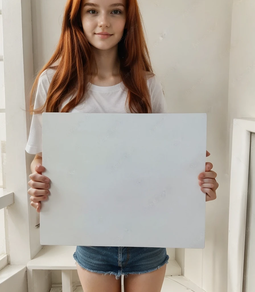 photo of most beautiful 17yo redhead girl,holding blank sign, perfect body, wearing white t-shirt, holding black sign infront, showing black sing to camera, perky natural breasts, seductive, big lips, verification photo, bedroom, selfie, found amateur footage