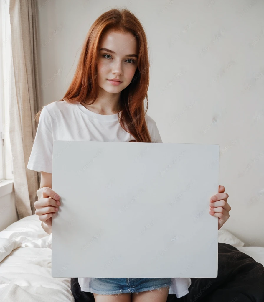 photo of most beautiful 17yo redhead girl,holding blank sign, perfect body, wearing white t-shirt, holding black sign infront, showing black sing to camera, perky natural breasts, seductive, big lips, verification photo, bedroom, selfie, found amateur footage