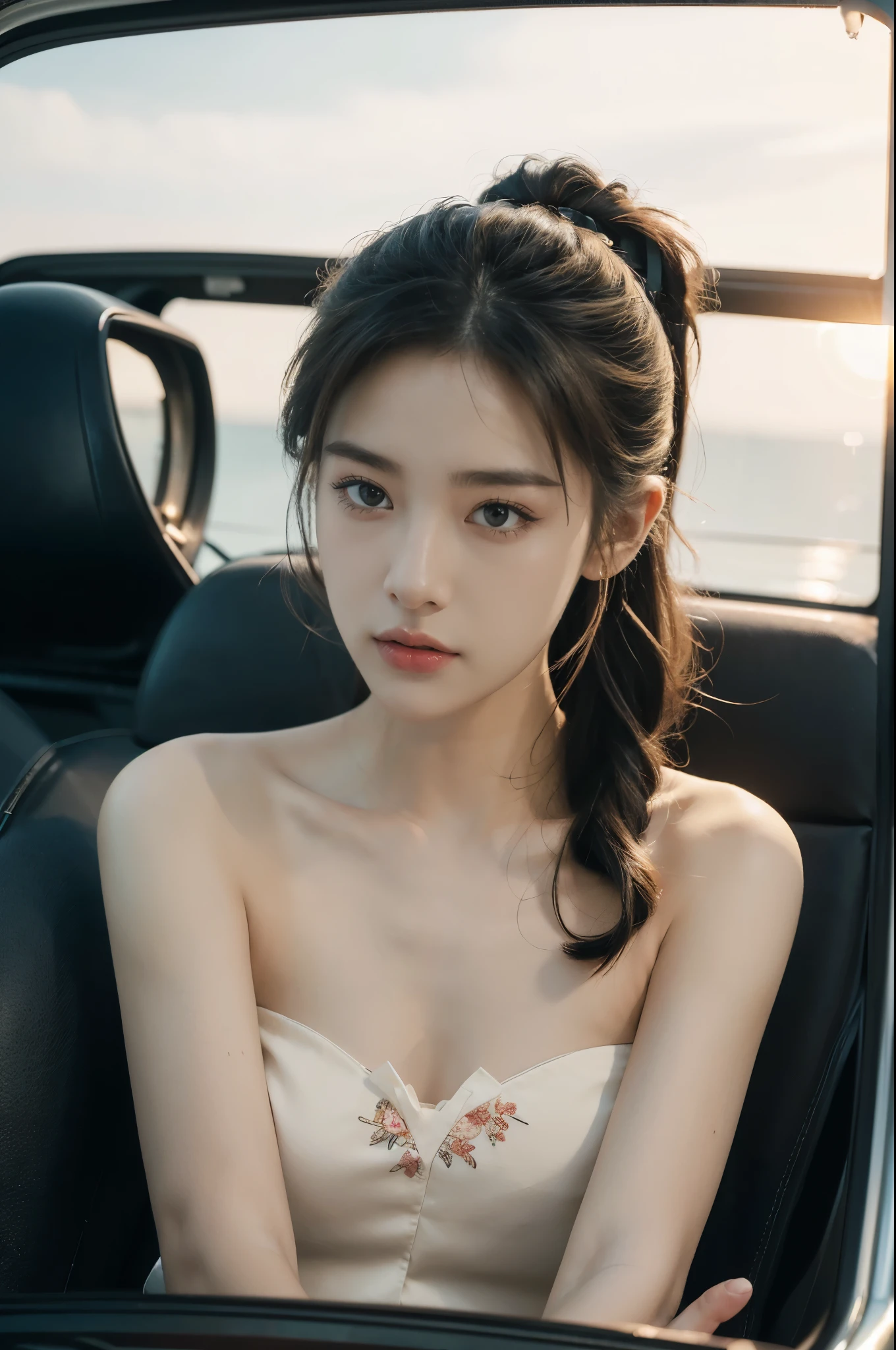 (((best quality))),(((ultra detailed))),(((masterpiece))),illustration,((1 beautiful girl,female driver,solo)),((sitting on the seat)),((in the car)),((slim,thin)),((small breasts,flat chest)),parked,roadside,vibrant,(strapless floral sheer bra:1.3),graceful,(short ponytail:1.2),delicate,features,eyes,focused,ahead,calm,concentration,classic,convertible,evening,breeze,caress,adjusted,,frame,confident,steering wheel,maneuver,control,world,setting,sun,warm,glow,illuminate,sky,canvas,match,road,stretch,explore,possibilities,background,town,life,evening,shops,opening,doors,people,strolling,cool,air,atmosphere,peaceful,serene,contrast,chaos,city,independence,societal,norms,constraints,destiny,embrace,challenges,symbol,strength,resilience,spirit,summer,((from front,close-up of face))