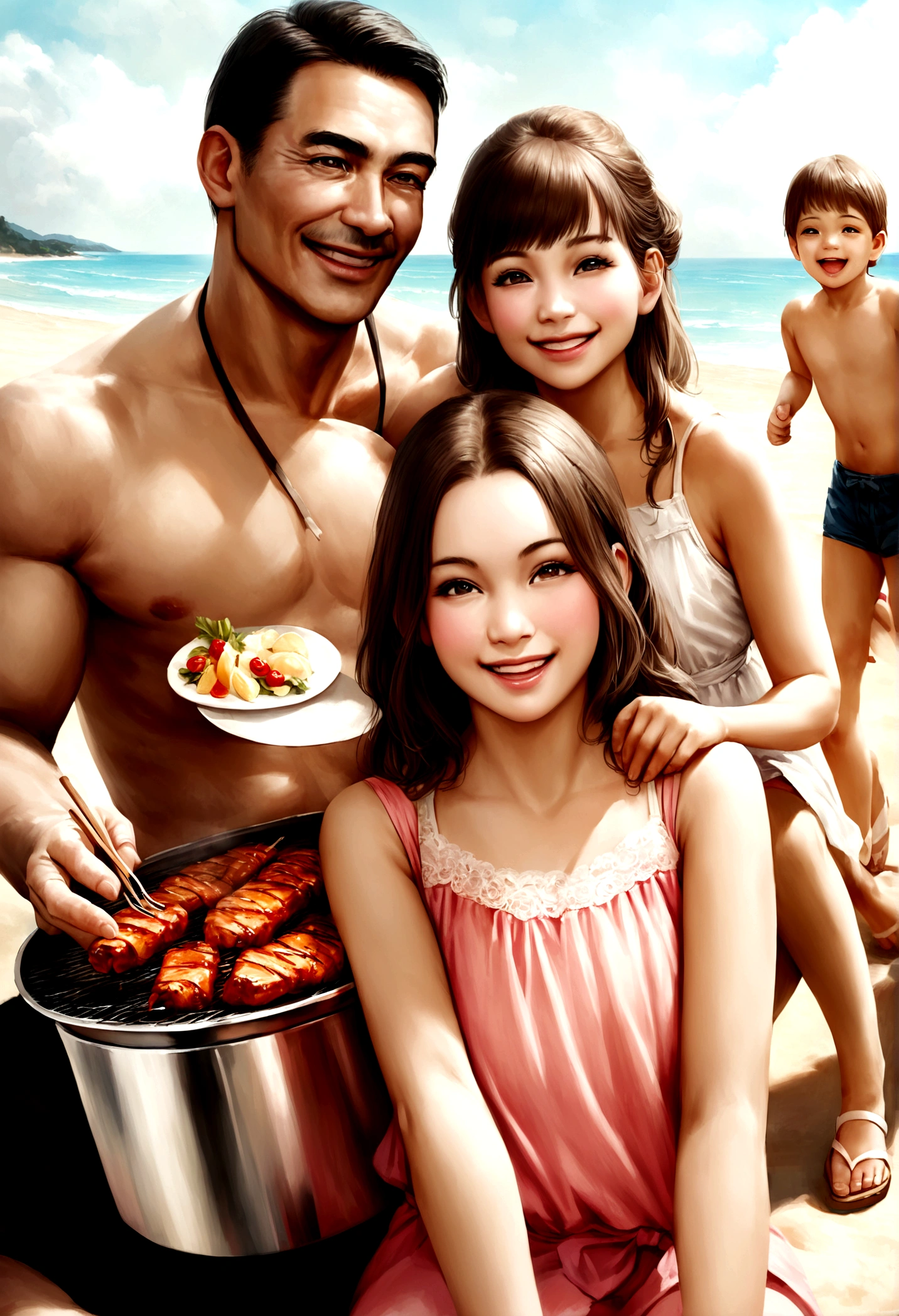 Family enjoying a barbecue(father、mother、 Girl)、Looks like a lot of fun、smile、At the beach、clothes、Realistic