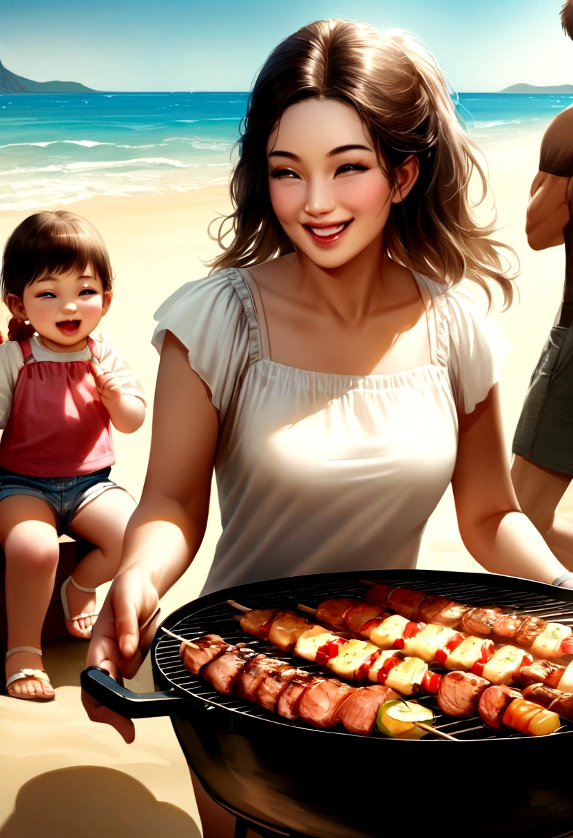 Family enjoying a barbecue（father、mother、Young Girl）、Looks like a lot of fun、smile、At the beach、clothes、Realistic