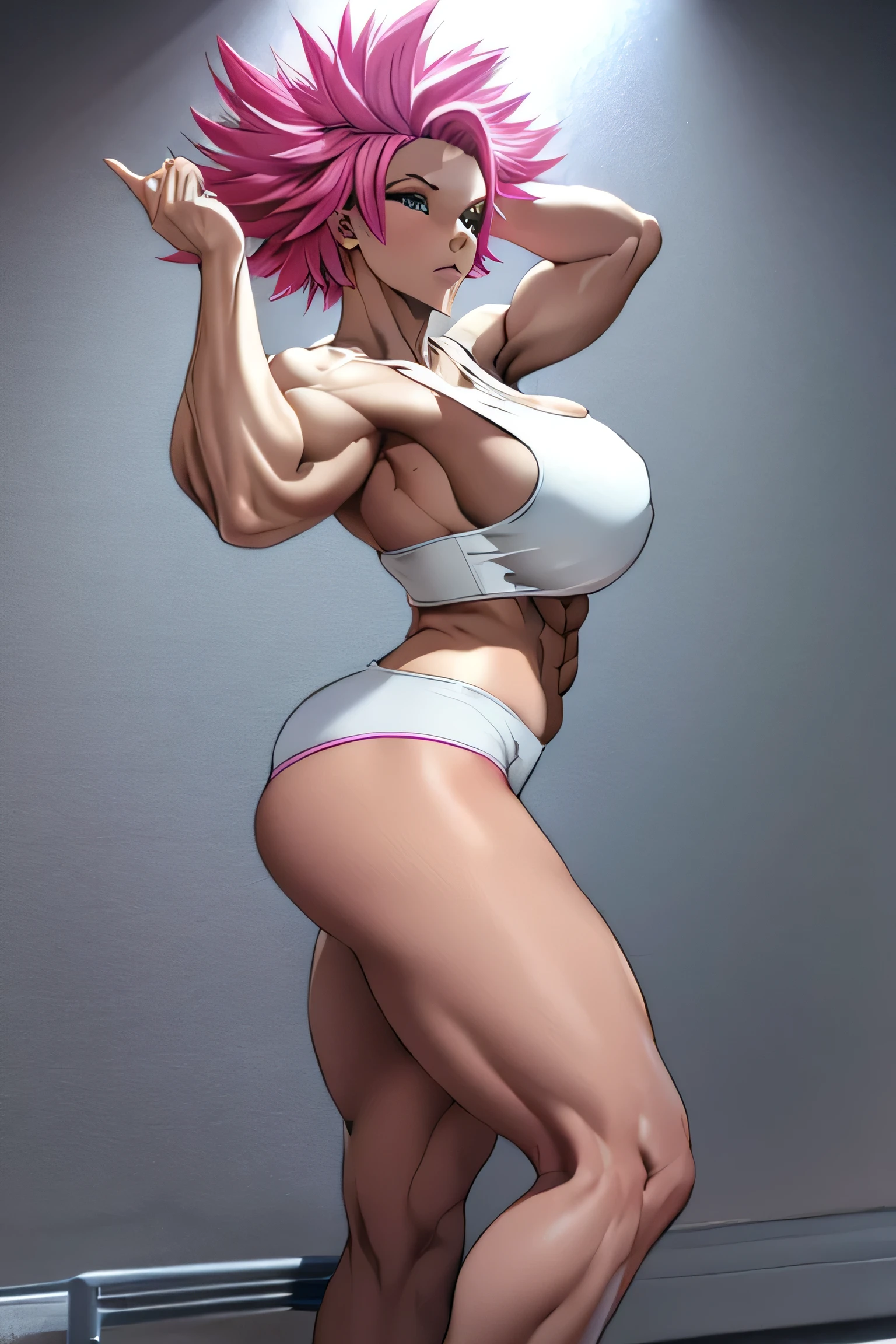 Poison 26 y.o female, short pink wild hair, big breasts, big biceps, muscular body, athletic thighs, black sports bra 1.3, blue short shorts 1.2) clear white skin, yoga poses, full body shot, white wall background, 4k