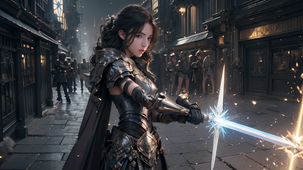 ((Super Practical photo)) ((super Practical photography)), (Practical) "young paladin () Holding a shining sword, Emits powerful light magic. The scene is set in a dark and mysterious urban landscape, Illuminated by the light of the Paladin's Sword. This work has been carefully crafted, The attention to detail and lighting is amazing. The overall aesthetic is reminiscent of Fujifilm photography, Capture the beauty and depth of a scene. super, Small waist,(Medium distance photography)