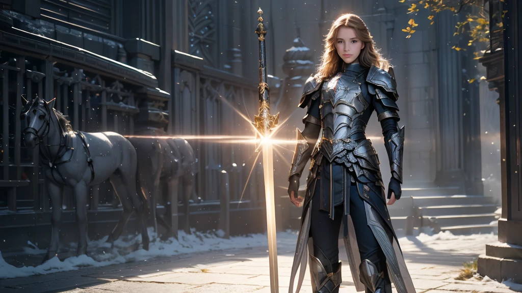 ((Super Practical photo)) ((super Practical photography)), (Practical) "young paladin () Holding a shining sword, Emits powerful light magic. The scene is set in a dark and mysterious urban landscape, Illuminated by the light of the Paladin's Sword. This work has been carefully crafted, The attention to detail and lighting is amazing. The overall aesthetic is reminiscent of Fujifilm photography, Capture the beauty and depth of a scene. super, Small waist,(Medium distance photography)