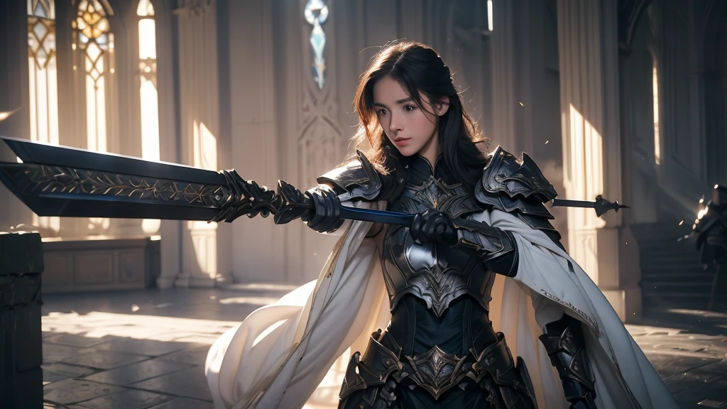 ((Super Practical photo)) ((super Practical photography)), (Practical) "young paladin (17 years old) Holding a shining sword, Emits powerful light magic. The scene is set in a dark and mysterious urban landscape, Illuminated by the light of the Paladin's Sword. This work has been carefully crafted, The attention to detail and lighting is amazing. The overall aesthetic is reminiscent of Fujifilm photography, Capture the beauty and depth of a scene. super, Small waist，（Medium distance photography）