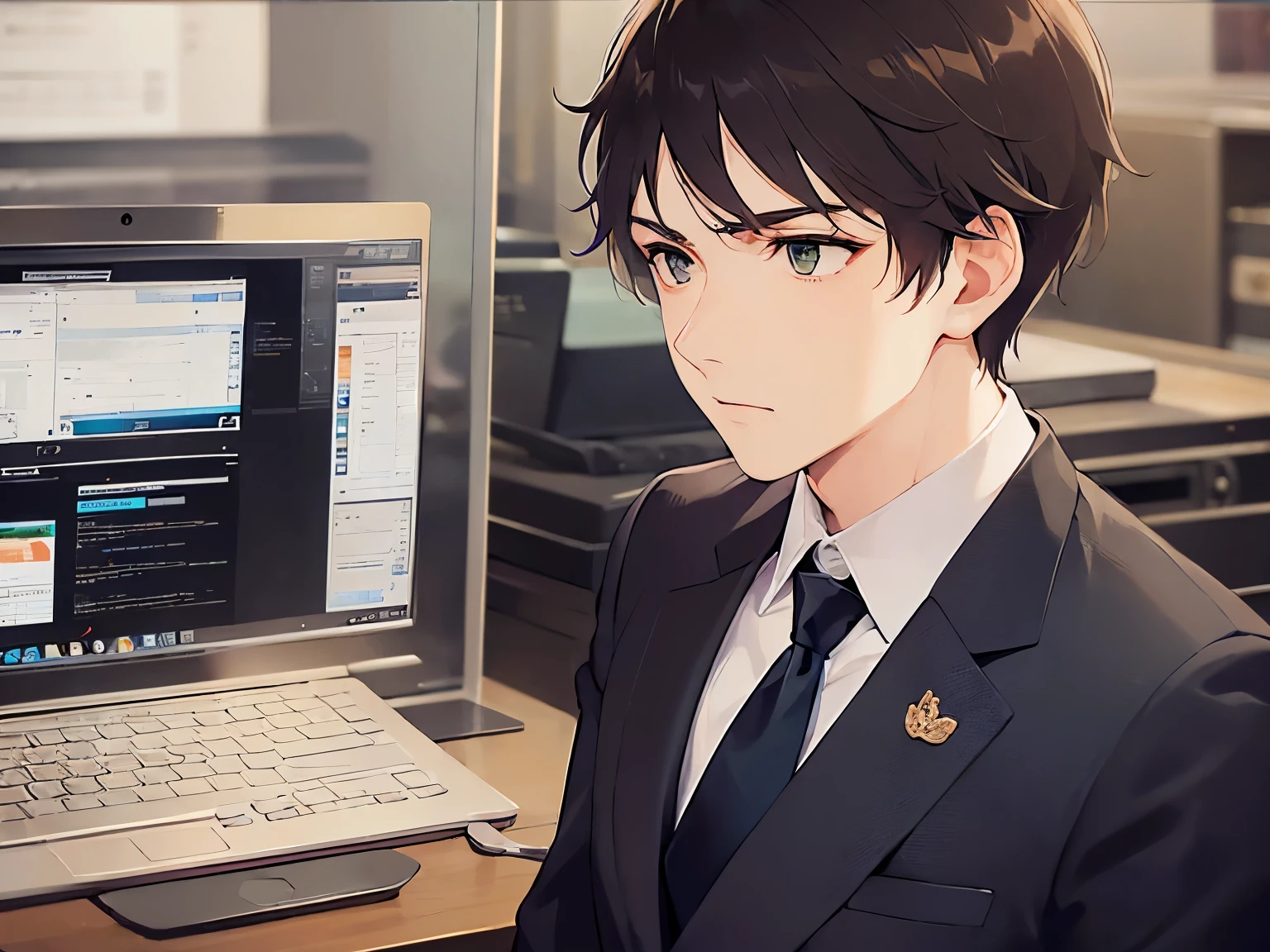 (26-year-old male:1.5),(Brown short hair),(Green Eyes),BREAK(Wearing a suit:1.5) and (Blue tie)BREAK,(serious),The background is the company desk,alone,side angle,(looking away:1.5)