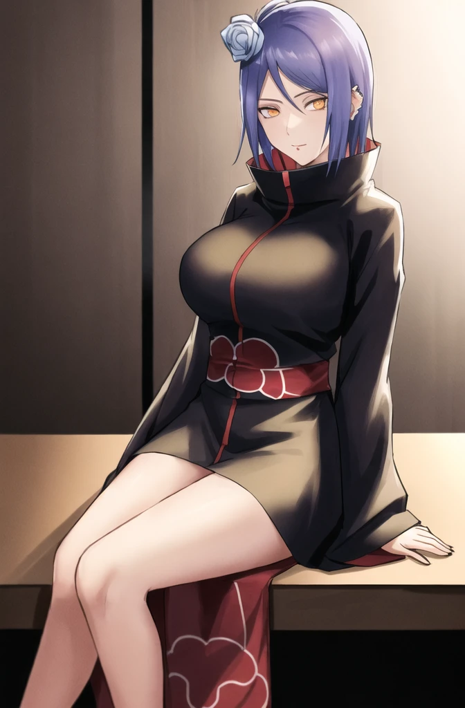 konan \(naruto\), solo, looking_at_viewer, 1girl, closed_mouth, akatsuki outfit, labret piercing, looking at the viewer, (((sitting on the table inside dark room))), night time, busty, large breasts