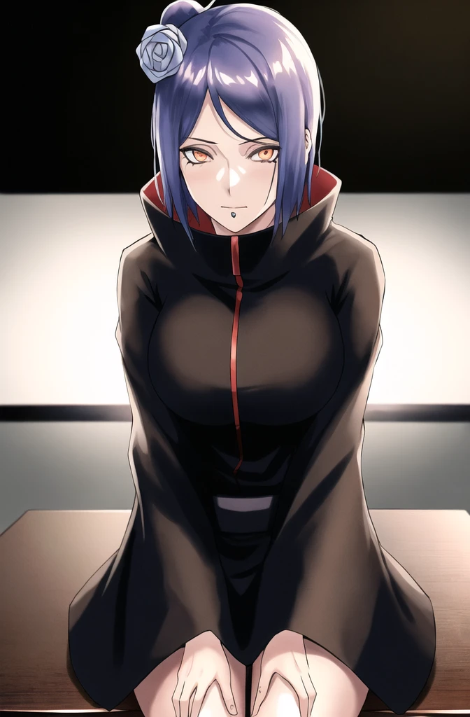 konan \(naruto\), solo, looking_at_viewer, 1girl, closed_mouth, akatsuki outfit, labret piercing, looking at the viewer, (((sitting on the table inside dark room))), night time, busty, large breasts