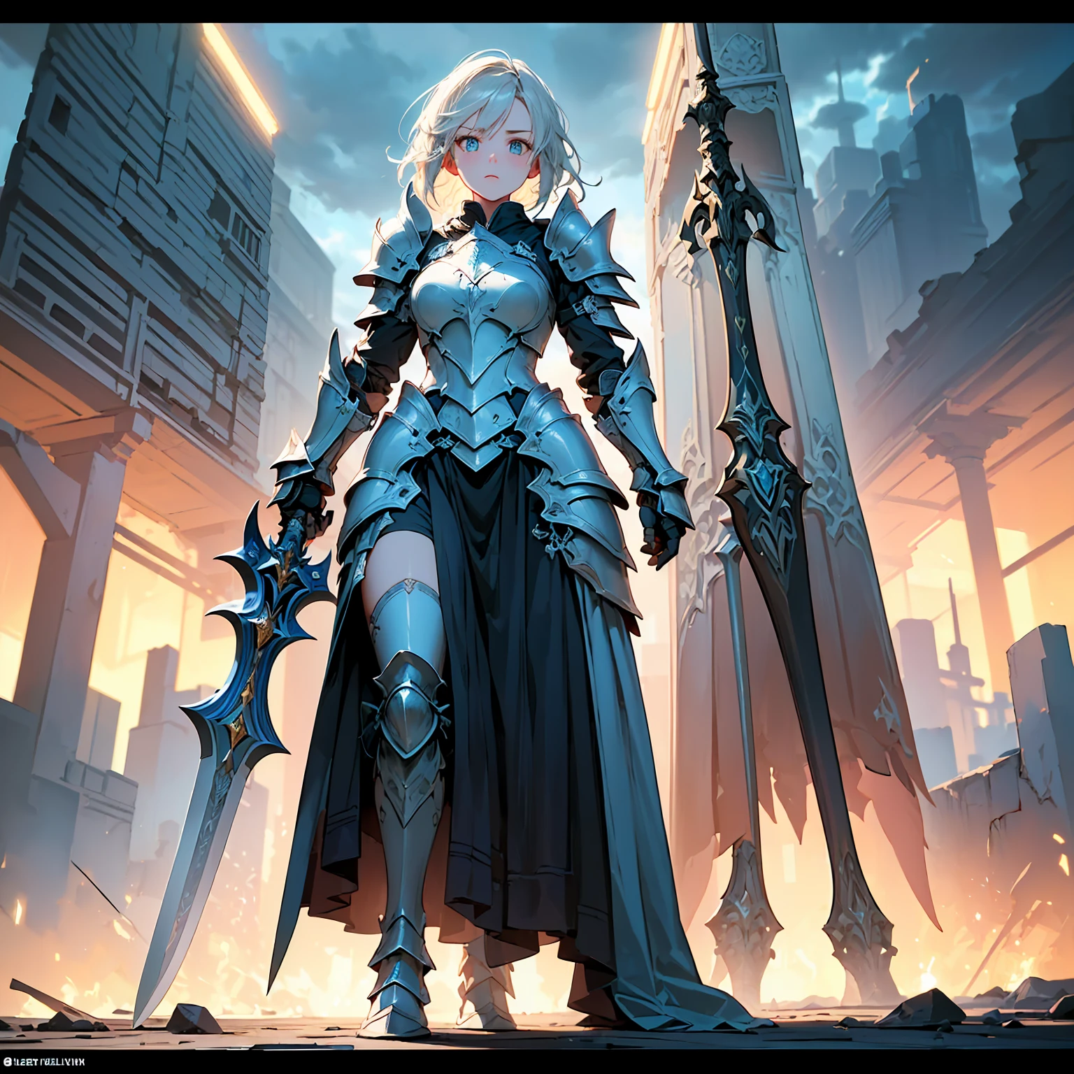 (((masterpiece, best quality, high detailed, 8k))) Design a layout showcase Gaming character, (1girl). Silver+Blue armor, stylish and unique. ((showcase weapon:1.4)), lightning rod. (masterpiece:1.2), (best quality), 4k, ultra-detailed. (Step by step design, layout art:1.5), (luminous lighting, atmospheric lighting). storm mage, ((glove full hands)), (((revealing armor:1.3))), vambraces, armored legwear, (((full_body_shot:1.4))). {During a thunderstorm}.