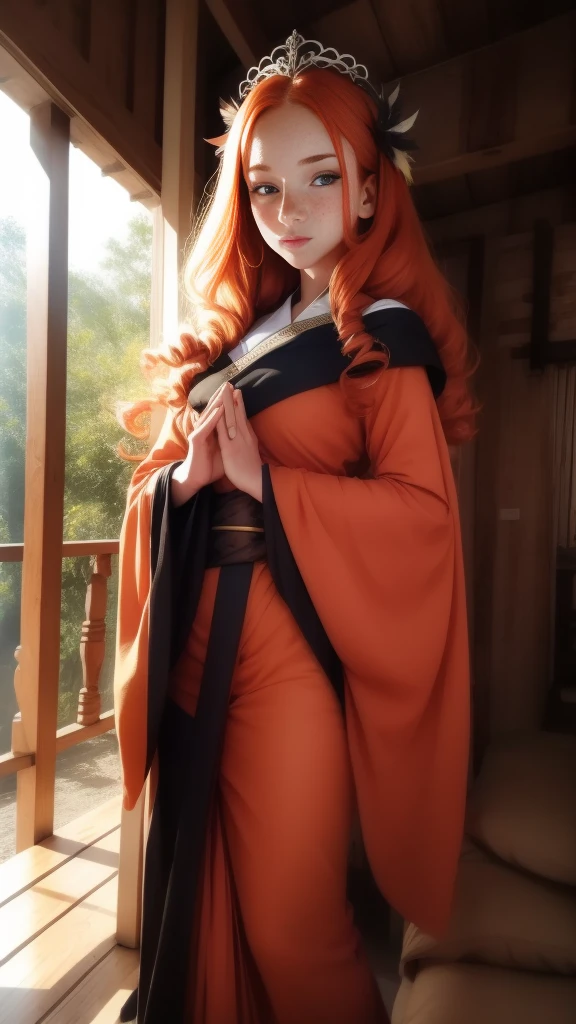 18 years old princess, striking figure, long ginger hair, wavy hairs, fair skin, (freckles), (kolito), innocent and regal appearance, expressive eyes are filled with a mix of curiosity and determination, her slender frame, elegant grace, vibrant orange kimono with white and black decorations, very long ((sleeves past fingers)), sleeves past wrists, feather headdress, in a forest