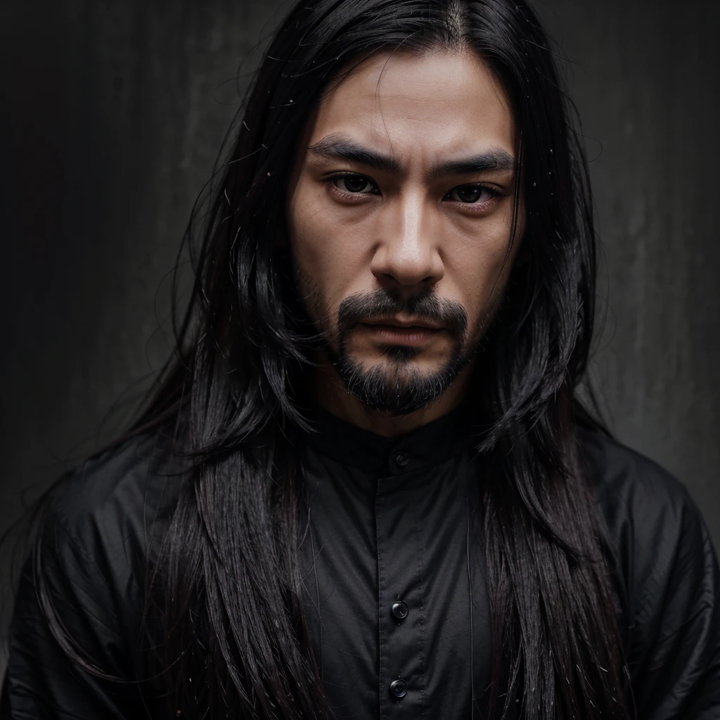 A japanese man, very long black hair, beautiful detailed eyes, detailed small nose, detailed lips, black medium beard, longeyelashes, serious expression, detailed facial feature, hyper realistic, dark moody atmosphere, muted color palette, dramatic shadows, with black clothes, 8k high definition