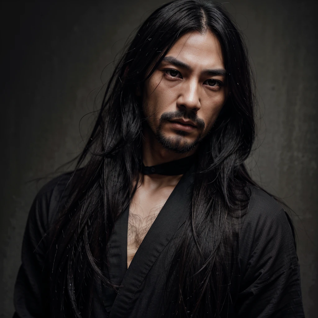 A japanese man, very long black hair, beautiful detailed eyes, detailed small nose, detailed lips, black medium beard, longeyelashes, serious expression, detailed facial feature, hyper realistic, dark moody atmosphere, muted color palette, dramatic shadows, with black clothes, 8k high definition