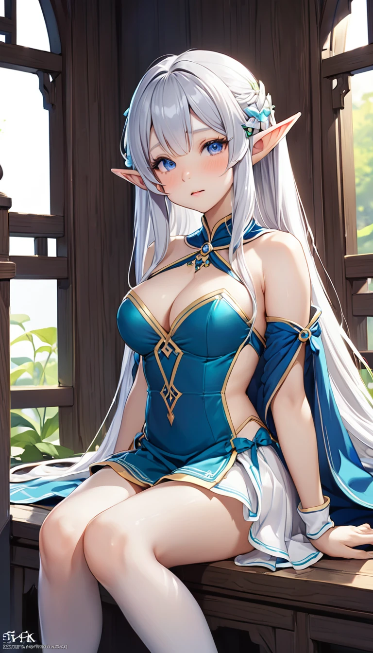 Highest quality、super high quality、16K, Delicious breasts、Facial expressions are random、The location is a fairy tale world、 Hair color is silver hair、pose is sitting、The distance is random、Angles are random、Small face、Very delicate facial expressions、Delicate eye depiction、Highly detailed hair、Erotic、18-year-old female、Glowing Skin、Soft Skin、Only Sexy Elf Women、Elf clothing is random、1 female