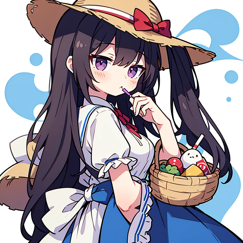 Girl,Upper Body,sideways,Wear a brown straw hat,Black long curly hair,Lollipop stick in mouth,Look back,Wearing white and blue lolita,Carrying a bamboo basket on the back,cute,cute,White background,big purple eyes,Holding red and blue game consoles in both hands