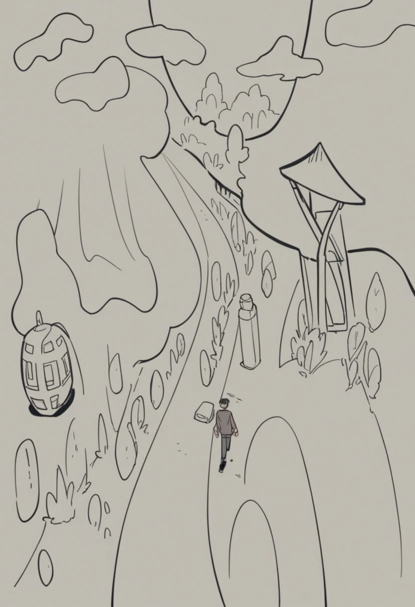 drawing of a man walking on a road, based on the child's drawing, by Akira Toriyama, By Nishida Shun'No, Direction: Knox Martin, By Ayako Rokkaku, by Kamisaka Sekka, por Urakusai Nagahide, by Yuki Ogura, drawing of a , Direction: Nakai Tsubasa