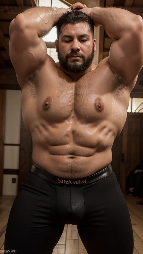 chubby, male, veins are clearly visible, venousness, fluffy, fluffy, bare chest, hot, Wet, sweaty, A lot of sweat, muscular abs, Wide body ,back view, thick beard , Blackbeard, Anthro bear, black body, black fur chest, Wide body, big breasts,(gasped) ,salivation, big muscles, thick thighs, ass to camera, leather boxer briefs, convex, visible genitals, detailed outline of genitals ,  hands behind your head, eyes closed, nipple ring,from Hyaku , by DarkGem