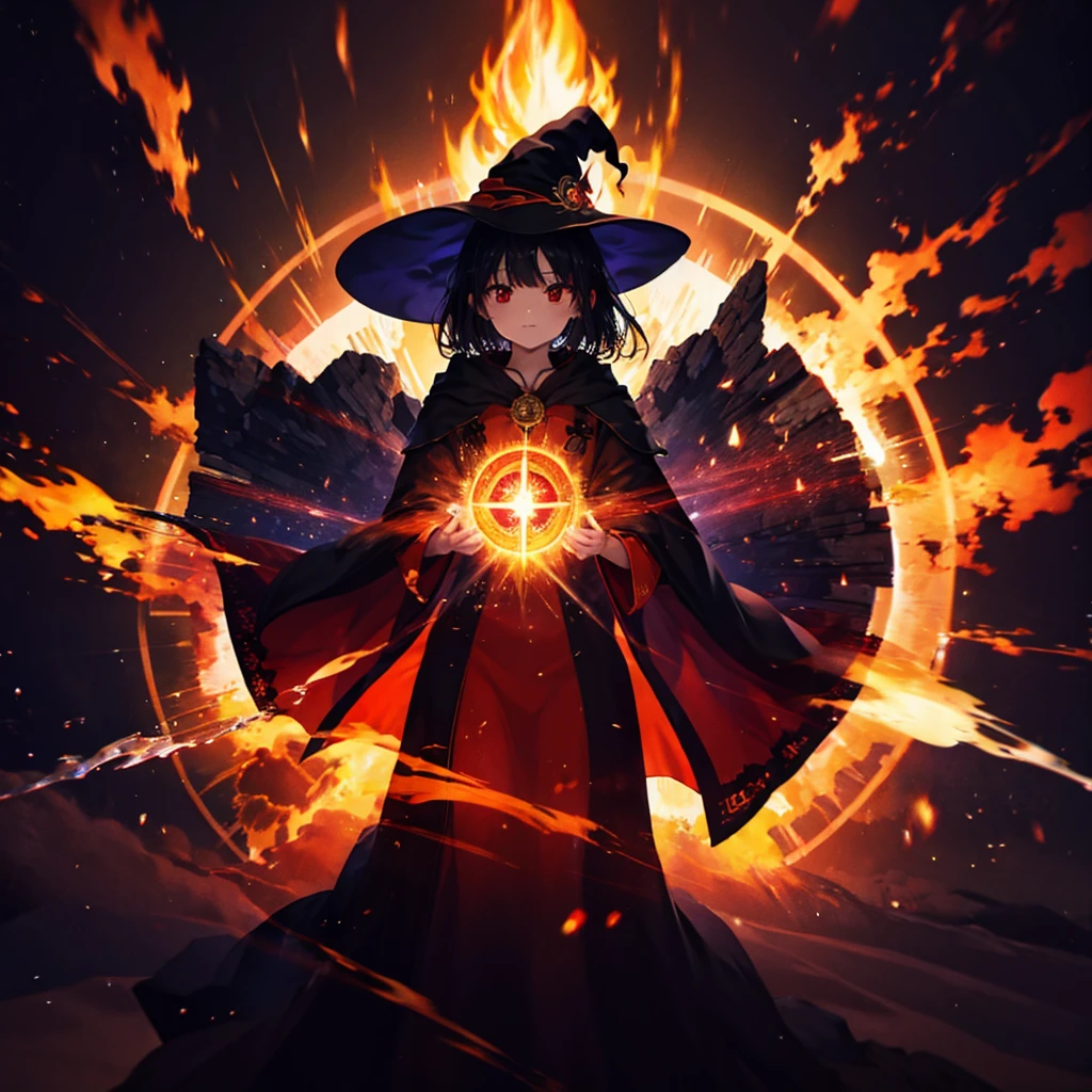 ((((witch　Lock))))　(((wand of flame　grimoire)))　((Black Hair　witchの帽子　Red eyes　smile　Looking down))　((explosion　fire))　(Magic Robe　Black Hole　despair　tears)　incantation　Runes　Shining Background　Shining Edge