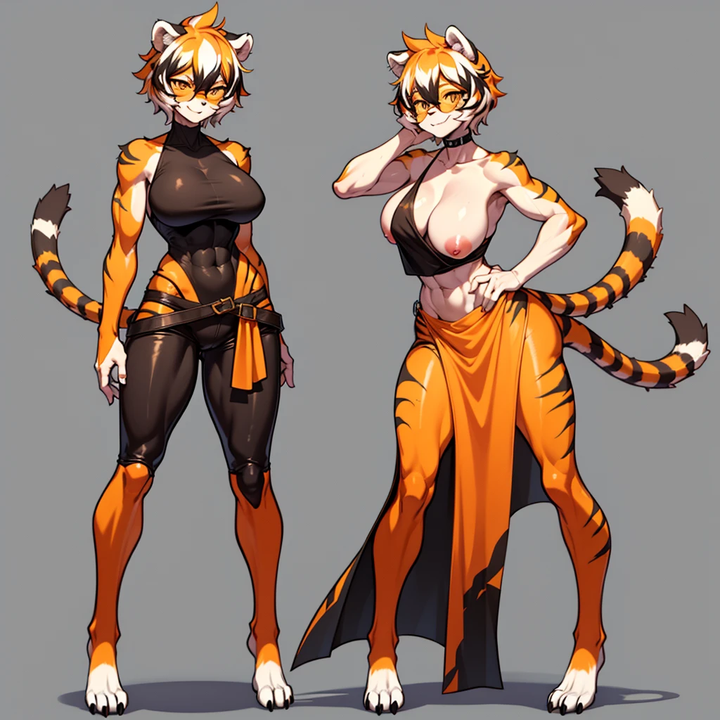 white background, full body, ((female furry:1.2)), Standing ，animal ears,  white hair, black hair, round eyewear, glasses, OPPEIN, short hair, large breasts, muscle, tail, orange eyes, orange hair, multicolored hair, tiger girl, furry female, hair between eyes, tiger_ears, tiger_tail, orange-tinted_eyewear, tinted_eyewear, big breasts, evil smile, Shadows under feet, Abdominal muscles, (((Hooker outfit:1.2))),Interact with strong men