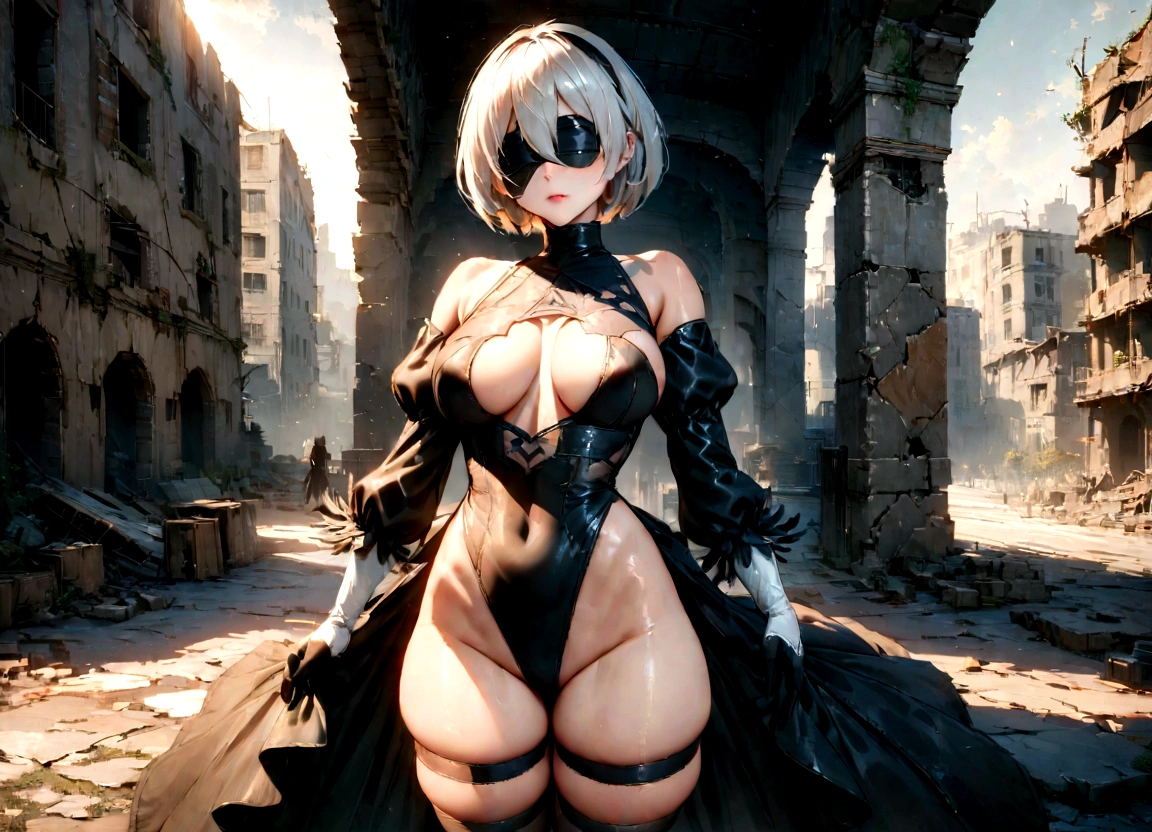 ((best qualityer)), ((work of art)), (very detailled:1.3), 2B in the ruins of a city in the forgotten war, Ancient Technology, Nier-Automata, standing, fully body, photographic essay, elsword, busty body, Beautiful Tits, nice legs, ideal body, sexly, facefocus, Looking at the sky, hdr (high-range dynamics), ray tracing, nvidia RTX, super resolution, Irreal 5, underground dispersal, PBR Texture, Post-processing, Anisotropic filtering, Depth of field, Maximum sharpness and sharpness, multi-layered texture, albedo and highlight maps, Surface shading, Accurate simulation of interactions between light materials, perfect proportions, octane rendering, duotone lighting, Low ISO, White balance, rule of thirds, large aperture, 8K CRU, efficient sub-pixels, subpixel convolution, Luminescent particles, light scattering, Tyndall effect