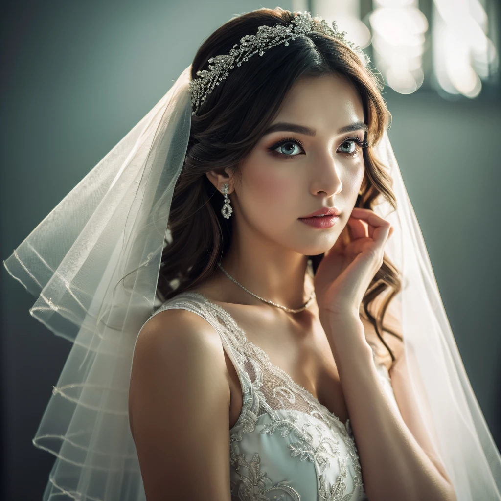 1 girl in a wedding dress, veil covering her hair, wedding photography, pre-wedding, unique concept, detailed face, beautiful eyes, detailed lips, long eyelashes, elegant hairstyle, cinematic lighting, dramatic composition, moody color palette, romantic atmosphere, (best quality,4k,8k,highres,masterpiece:1.2),ultra-detailed,(realistic,photorealistic,photo-realistic:1.37),professional,vivid colors