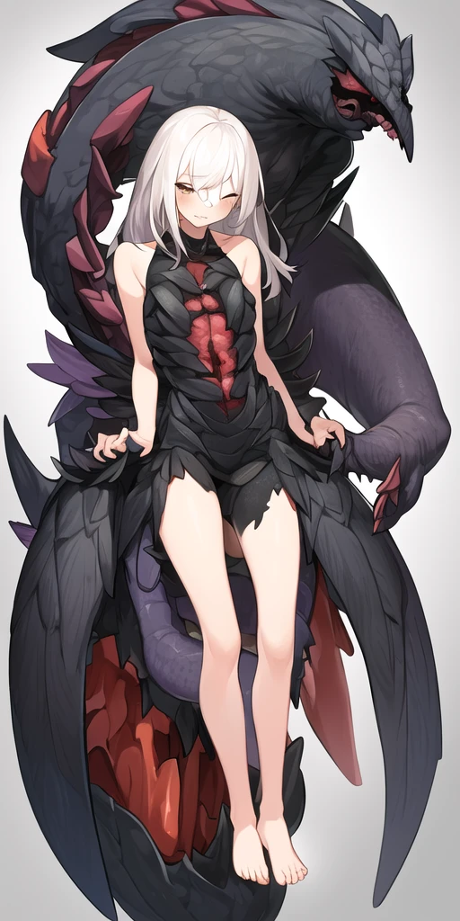 (masterpiece), best quality, 1 Girl, Solitary, Clara, Collapse_Star_rail, White hair, Solid color background, permanent, whole body, barefoot,1 Girl, Solitary, , Monster Girl, whole body, wing, Simple background, Skin of color, Blindfold, White background, medium teeth , /////////