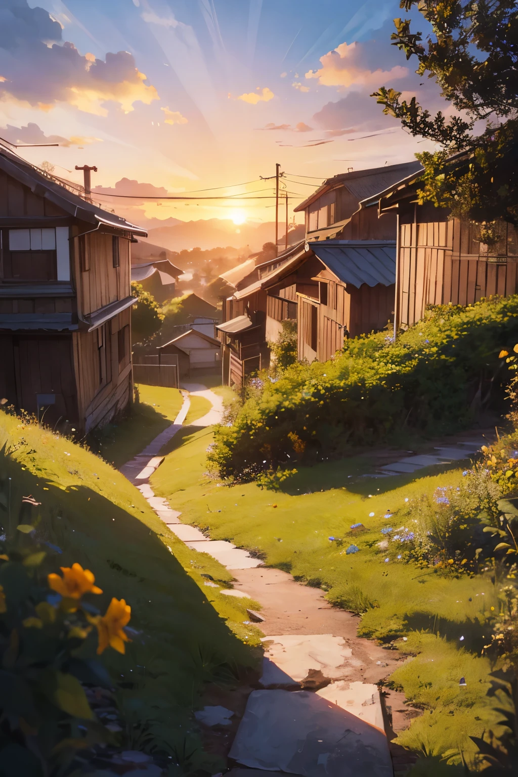 SUNRISE, hills, huts bushes, pixiv set