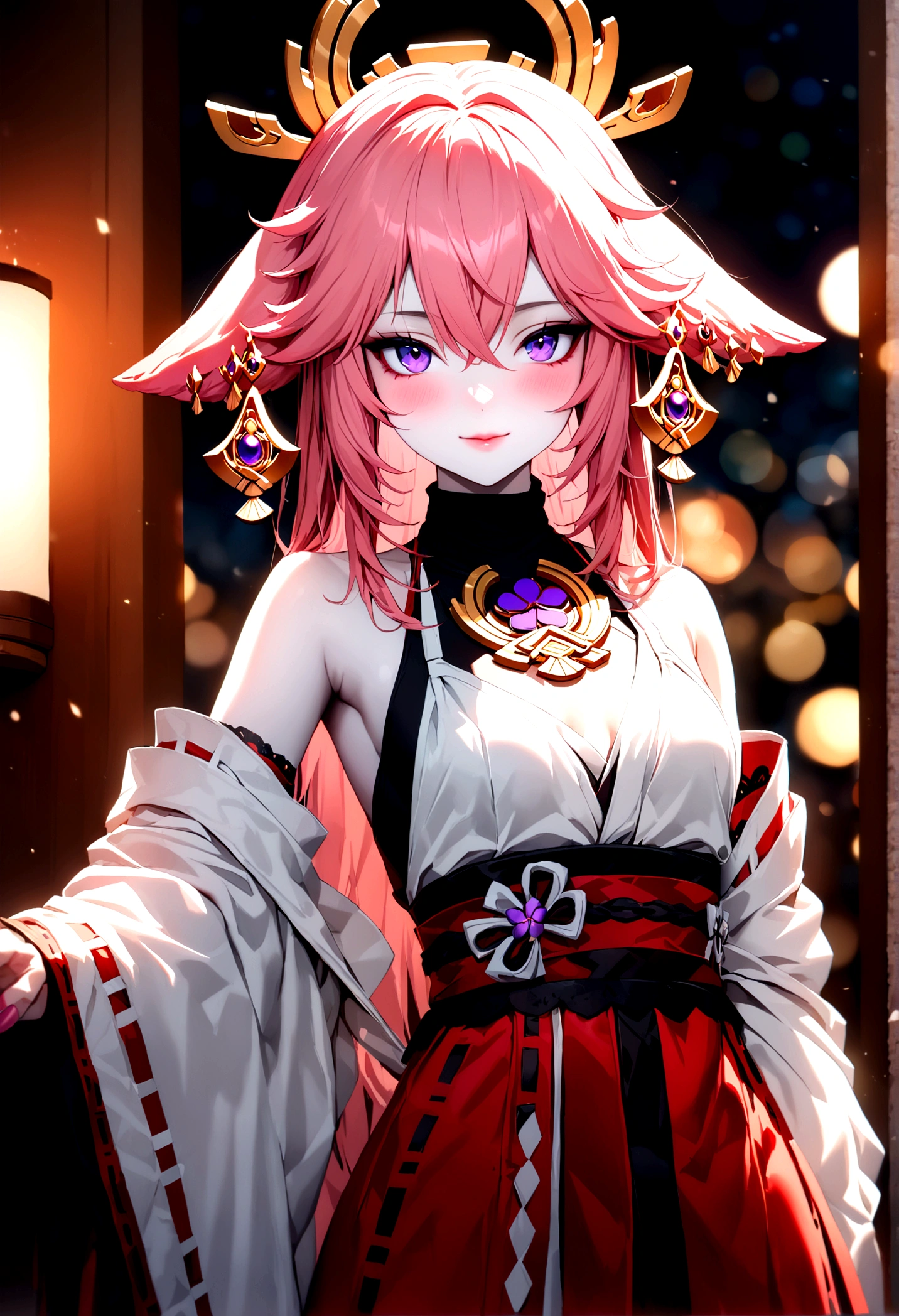 junior,beautiful Finger,beautiful 긴 legs,beautiful body,beautiful Nose,beautiful character design, perfect eye, perfect face,expressive eye,perfect balance, looking at viewer,(Focus on her face),closed mouth, (chaste_big_eye:1.0),(light_laugh:0.3), official art,very detailed CG Unity 8k 벽지, perfect lighting,fancy, bright_front_face_lighting,White skin, (masterpiece:1.0),(best_quality:1.0), ultra high resolution,4K,very detailed, photography, 8 thousand, HDR, mackerel, absurd:1.2, Kodak Portrait 400, film grain, blurred background, bokeh:1.2, lens flare, (vibrant_color:1.2),professional photography, (beautiful,small breasts), (beautiful_face:1.5),(small_waist),yae miko, pink hair, 보라색 eye, seoktao art style