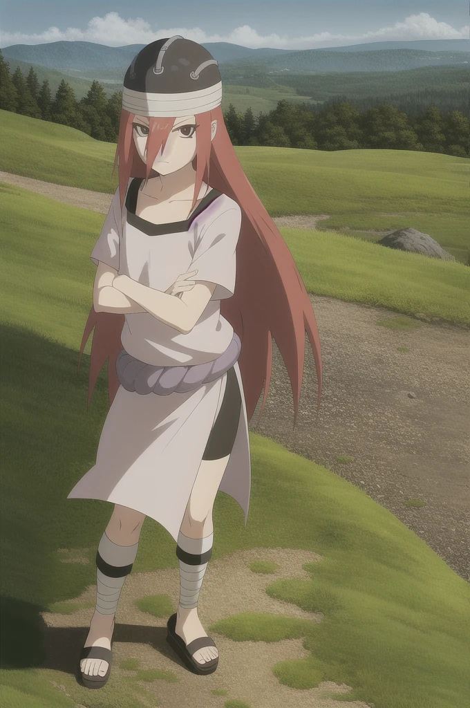 pelvic curtain, wristband, solo, long hair, red hair, brown eyes, 1girl, hat, short sleeves, looking at viewer, shimenawa, collarbone, hair between eyes, closed mouth, shirt, very long hair,  full body, expressionless,standing,crossed arms, bike shorts, tomboy, narrowed eyes, hair between eyes,ankle wrap, toeless footwear, sandals, outdoors, forest, 