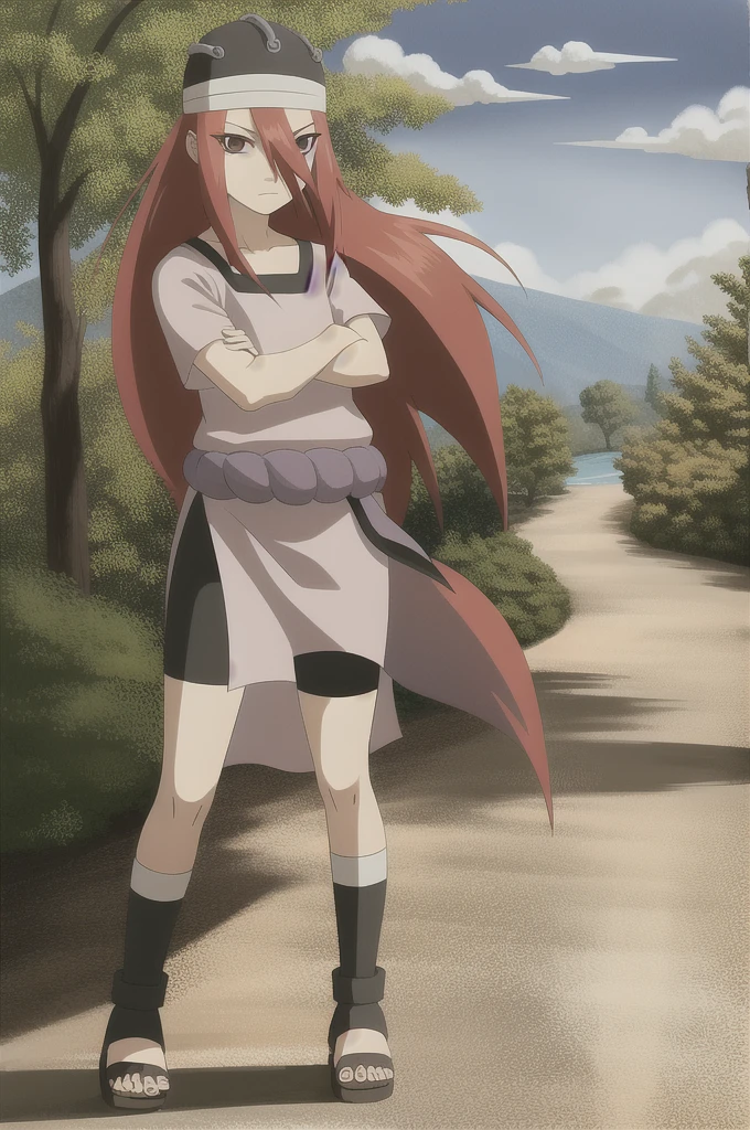 pelvic curtain, wristband, solo, long hair, red hair, brown eyes, 1girl, hat, short sleeves, looking at viewer, shimenawa, collarbone, hair between eyes, closed mouth, shirt, very long hair,  full body, expressionless,standing,crossed arms, bike shorts, tomboy, narrowed eyes, hair between eyes,ankle wrap, toeless footwear, sandals, outdoors, forest, 