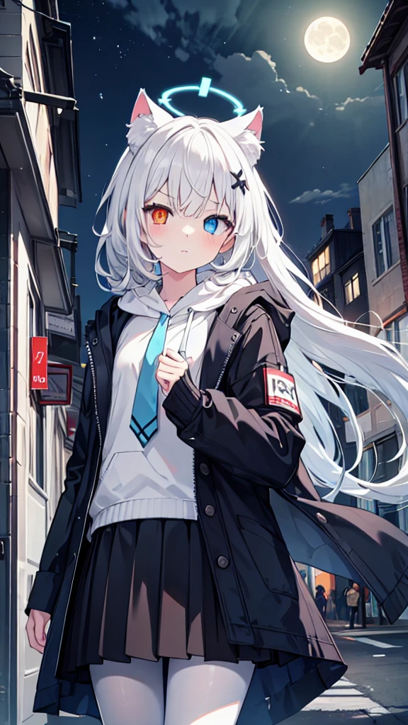 White pantyhose，White hair，Long hair，Cat ear，Heterochromia blue-red，Serious expression，Female face，There are bright spots in the eyes，flat chest，Gray-black coat，Short gray and black skirt，With a hood，blue halo，night，street，moon，hood up，Put on a mask，Alone