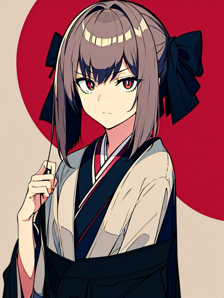 masterpiece, best quality,1 Girl,poker face,Black kimono,serious,coat,Gray hair,Red pupil,No Expression,独奏